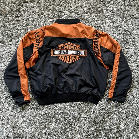 HARLEY DAVIDSON BLACK & ORANGE NYLON FULL ZIP BOMBER JACKET MEN'S SIZE XL - Picture 7 of 8